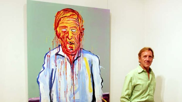 Edmund Capon with a portrait of himself, by Adam Cullen, which was entered in the Archibald in 2006.