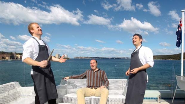 Sophistication ''on this side of the harbour'' ... Manly Pavilion owner John Codling, centre, with James Perry and John Barthelmess.