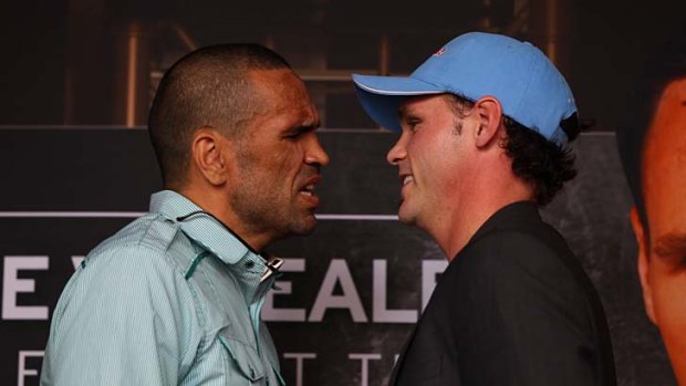 Face time ... Anthony Mundine and Daniel Geale square off on Wednesday.