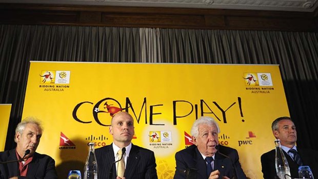 Promoting Australia's World Cup bid  in 2010: Film director Phillip Noyce, (left to right) former sports minister Mark Arbib, Football Federation Australia chairman Frank Lowy and CEO Ben Buckley.
