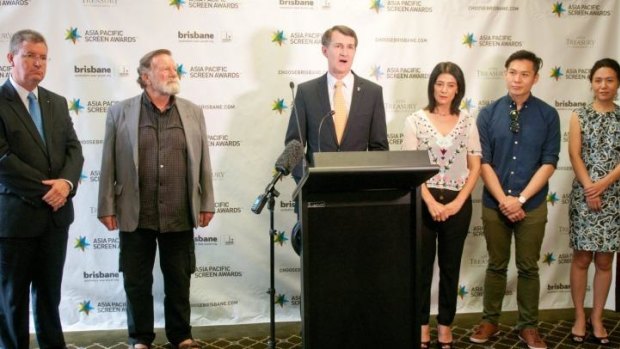 Lord Mayor Graham Quirk (centre), with, l-r, Pacific Screen Awards Executive Chairman Michael Hawkins, Australian actor and Asia Pacific Screen Awards Academy President Jack Thompson , actress Hiam Abbass, Anthony Chen and Vivian Qu