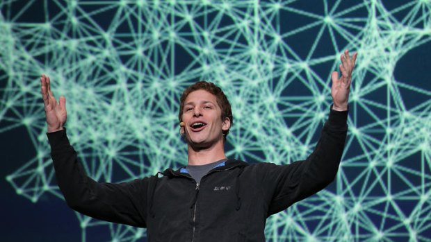 Comedian Andy Samberg pretends to be Facebook CEO Mark Zuckerberg during the Facebook f8 conference in San Francisco.