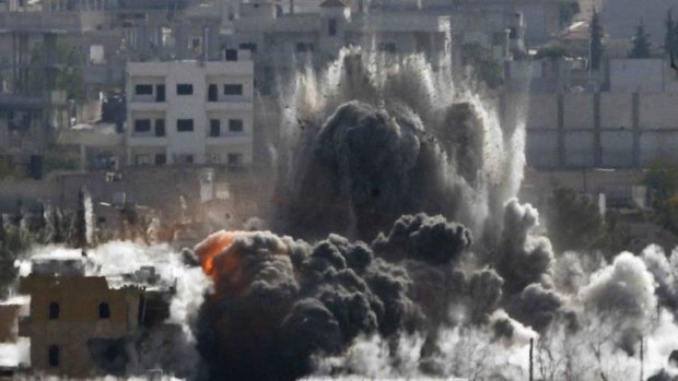 An explosion following an air strike in the Syrian town of Kobane on October 29.