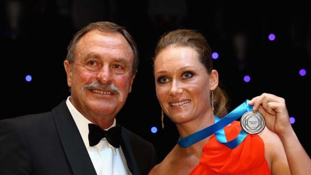 Focusing on her strengths ... Samantha Stosur with John Newcombe at the Newcombe Medal presentation earlier this month.