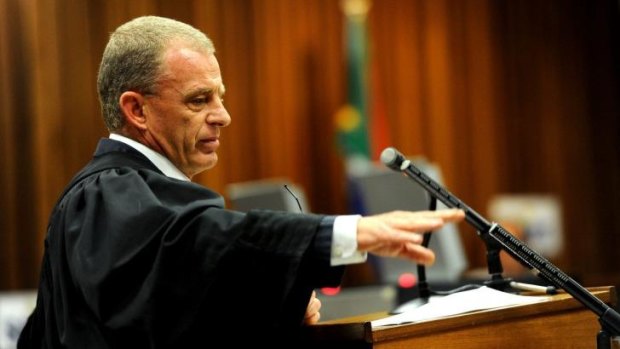 Prosecutor Gerrie Nel is seen during closing arguments in sentencing of South African paralympic athlete Oscar Pistorius. 