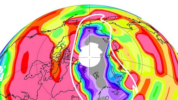 A NASA image shows an ozone hole five times the size of California which opened over the Arctic this (Northern hemisphere) spring that has opened over the Artic. [The red colors represent large ozone concentrations.]