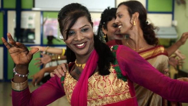 An Indian transgender resident dances to celebrate a Supreme Court judgement in Mumbai on April 15.