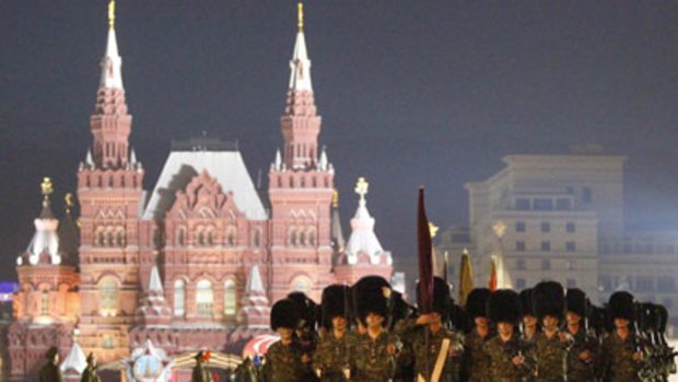 V-Day... British soldiers rehearse in Red Square on Tuesday a parade to mark victory over Nazi Germany in World War II.