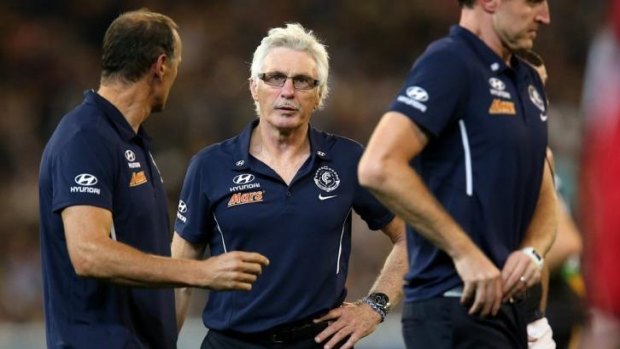 Mick Malthouse confronted a senior umpire about a costly and contentious free kick he had awarded in 2013 against the Blues.