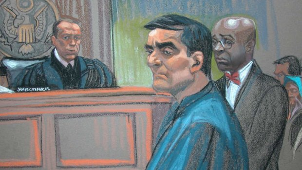This courtroom sketch shows Sabirhan Hasanoff and his defence attorney during Hasanoff's arraignment at the US District Court in New York on May 17, 2010.