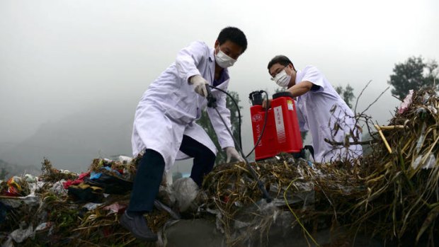 State of alert ... Health workers decontaminate an area of Beijing.