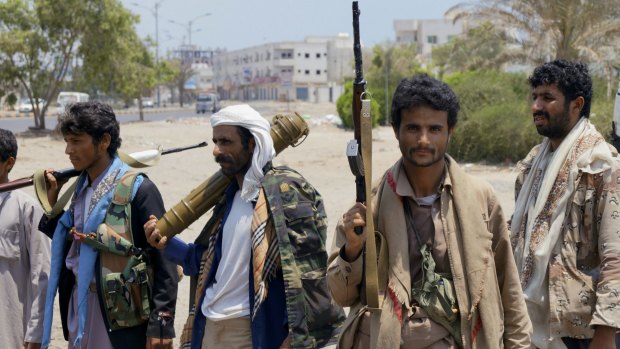 Houthi fighters gather at a street in Aden, Yemen. The Shiite rebels and their allies fought their way through the commercial centre of Aden on April 2.