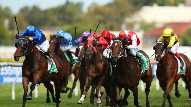 Blue is the colour: James McDonald boots home Generalife in the Star Kingdom Stakes at Rosehill in March.