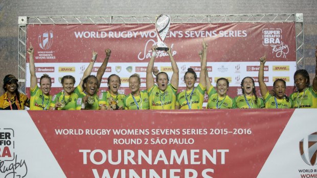 Victors: The Australians celebrate after winning the final against Canada during the women's sevens World Series in Barueri, Brazil.