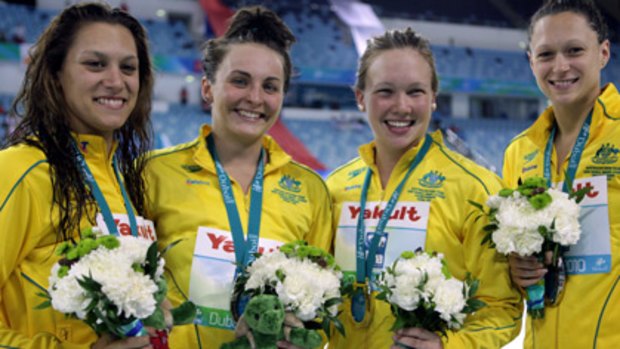Australians Kylie Palmer, Kelly Stubbins, Jade Nielsen and Blair Evans pose with their silver medals.
