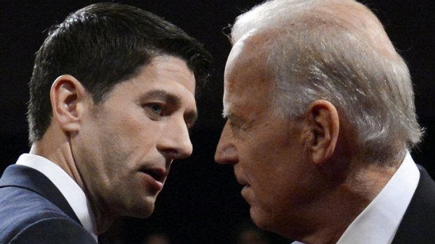 Joe Biden, right, and Paul Ryan lock eyes following the debate in Danville, Kentucky.