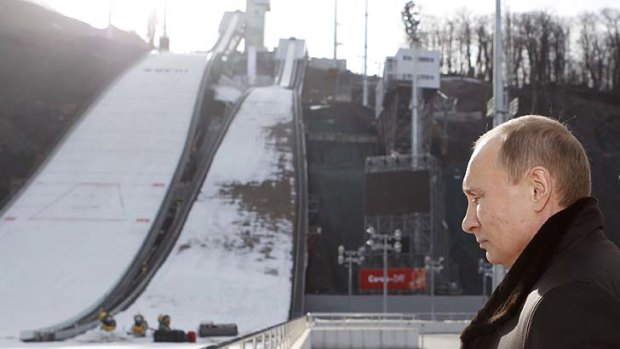 Warming up ... Russia's President Vladimir Putin visits the "RusSki Gorki" Jumping Centre near the Black Sea city of Sochi, host city to the 2014 Winter Olympics.
