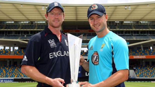 Paul Collingwood of England and Michael Clarke of Australia with the series trophy ahead of the ICC World Twenty20 Final.
