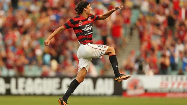 Go West! Jerome Polenz of the Wanderers after scoring the opener against Wellington.