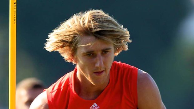 On the prowl: Dyson Heppell at training at Windy Hill this week.