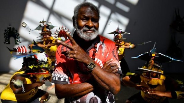 Artist Ken Thaiday with Torres Strait Island dancers Erub Kebile at Carriageworks.