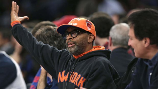 Director Spike Lee "coaches" from his seat in the first half of the New York Knicks v New Orleans Pelicans game at Madison Square Garden.