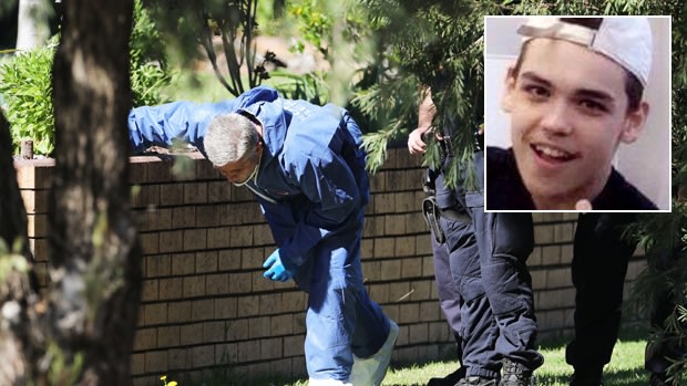 Police search for evidence outside the Glenfield home of Jayden Dillon (inset).