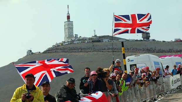 British cycling fans line the slopes of Mont Ventoux during stage 15 of the Tour.