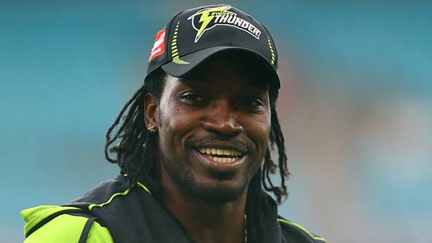Thunder opener Chris Gayle warms up. He looks friendly enough, but he can be a fearsome challenge for bowlers.