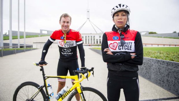 Christopher Mapp and Turia Pitt before leaving Canberra to cycle to Cooma on a leg of the Variety Cycle to Uluru.