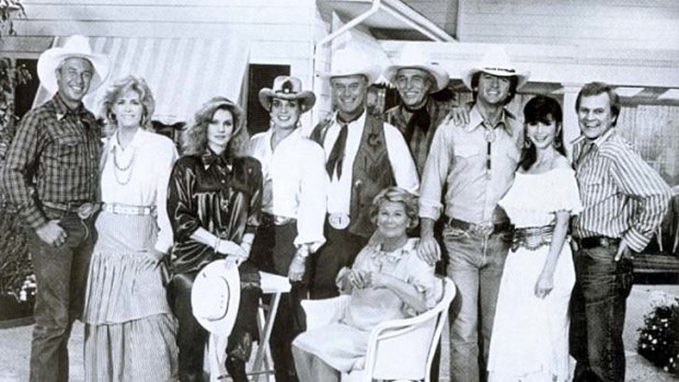 Dynasty ... the cast of Dallas, with Larry Hagman, centre, as J.R. Ewing.