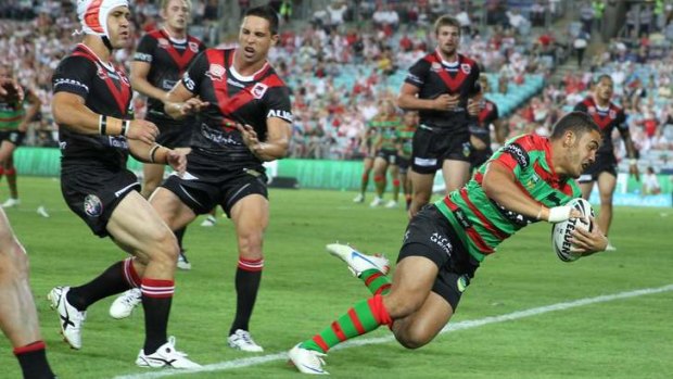 Dylan Walker scores for the Rabbitohs in the Charity Shield.