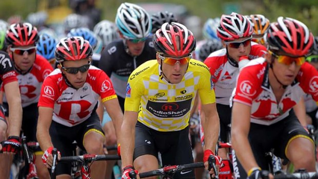 Levi Leipheimer (centre) of the USA riding for Team Radioshack in the company of his teammates during stage two of the 2011 USA Pro Cycling Challenge.