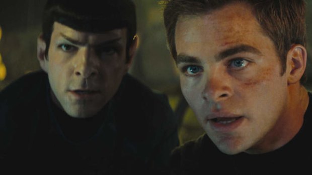 Spock (Zachary Quinto, left) and James T. Kirk (Chris Pine) in the 2009 film <i>Star Trek</i>.