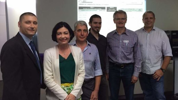 The six candidates who attended the Griffith ballot paper draw. L-R: Ray Sawyer (Katter's Australian Party), Terri Butler (Australian Labor Party), Geoff Ebbs (The Greens), Timothy Lawrence (Stable Population Party), Bill Glasson (Liberal National Party) and Travis Windsor (Independent).