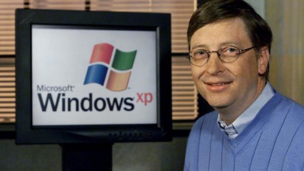 Microsoft chairman and then chief software architect Bill Gates next to a computer with Windows XP (previously code-named "Whistler") at the time of  launch in 2001.