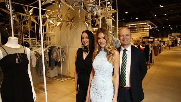 Myer CEO Richard Umbers with Warringah store manager Alexis Pead and Myer ambassador Jennifer Hawkins.