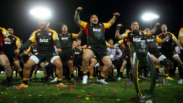 Ka mate, ka mate: Victorious Chiefs celebrate their Super Rugby title with a haka in Hamilton on Saturday.