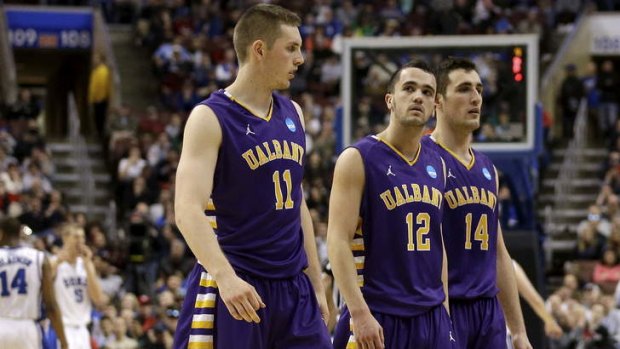 Three of University of Albany's Australian connection - Luke Devlin #11, Peter Hooley #12 and Sam Rowley #14,during the clash with the Duke Blue Devils during the second round of the 2013 NCAA tournament at Wells Fargo Center in Philadelphia.