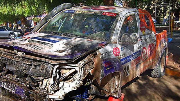 The wrecked Toyota Hilux 410 driven by an Argentine driver.
