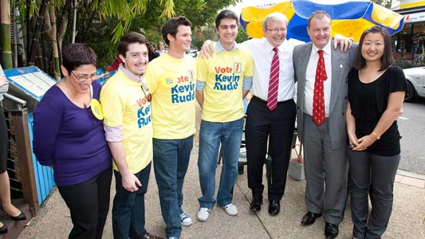 Kevin Rudd with campaign workers and constituents in his electorate of Griffith during the 2010 campaign....wearing those "boring" t-shirts.