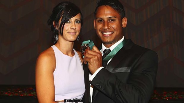 Split ...  Ben Barba poses with the Dally M in September last year alongside his then partner Ainslie Curry.