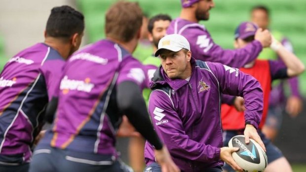 Ball in hand: Ryan Hinchcliffe looks to pass during Melbourne Storm training.