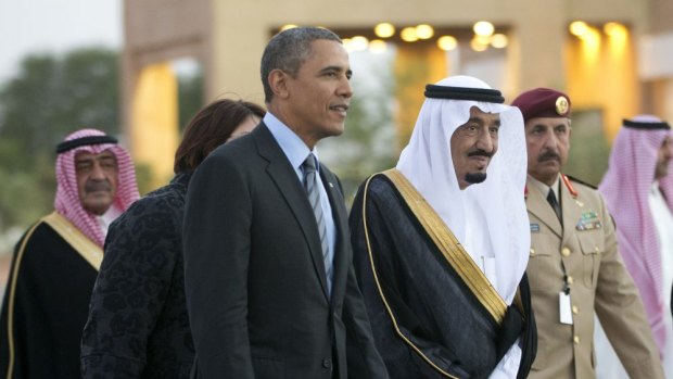 Divisions over Middle East policy: Saudi Arabia's Crown Prince Salman bin Abdulaziz Al Saud escorts Barack Obama to his meeting with Saudi King Abdullah at Rawdat Khuraim.