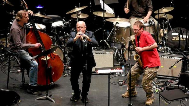 Masada Quartet in full swing: (from left) Greg Cohen, Dave Douglas, John Zorn (saxophone) and Joey Baron.