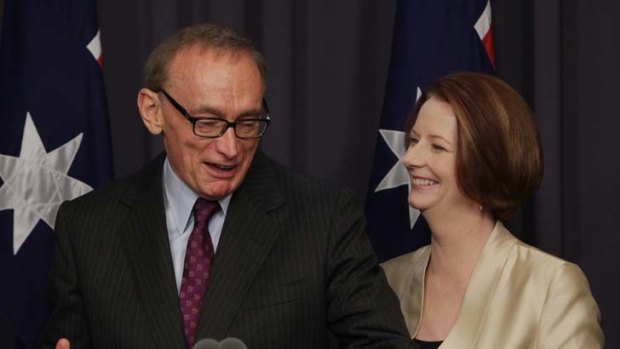 Born again ... former NSW premier Bob Carr with Julia Gillard.