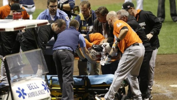 Giancarlo Stanton after he was hit in the face by a baseball pitch.