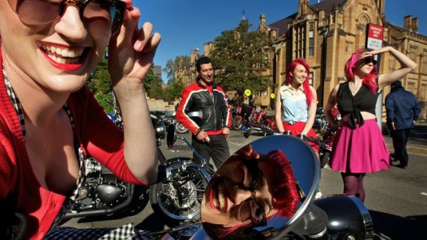 Now: Participants in the 'Ride with the Rockers 2012' motorcycle ride at Sydney Uni. From left, Sammi Kay, Anthony Napoli, Kaitlyn Alcorn and Tamara G.