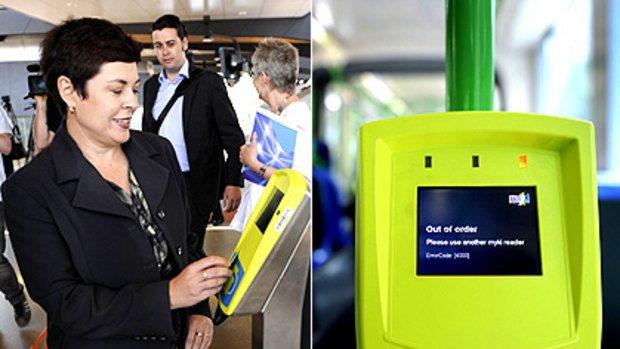 Transport Minister Lynne Kosky launches myki at North Melbourne station yesterday: ''Commuters will start to see how good it is.'' Inset: A myki reader on a tram.
