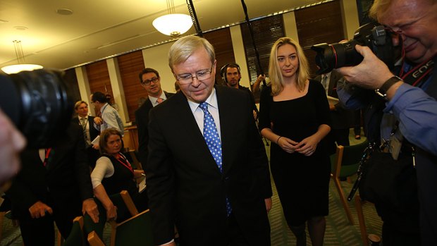 Kevin Rudd, pictured with his daughter, Jessica, announces he will challenge Prime Minister Julia Gillard last night.